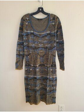 Peruvian Connection Knit Sweater Dress Womens S Long Sleeve Blue Olive Metallic